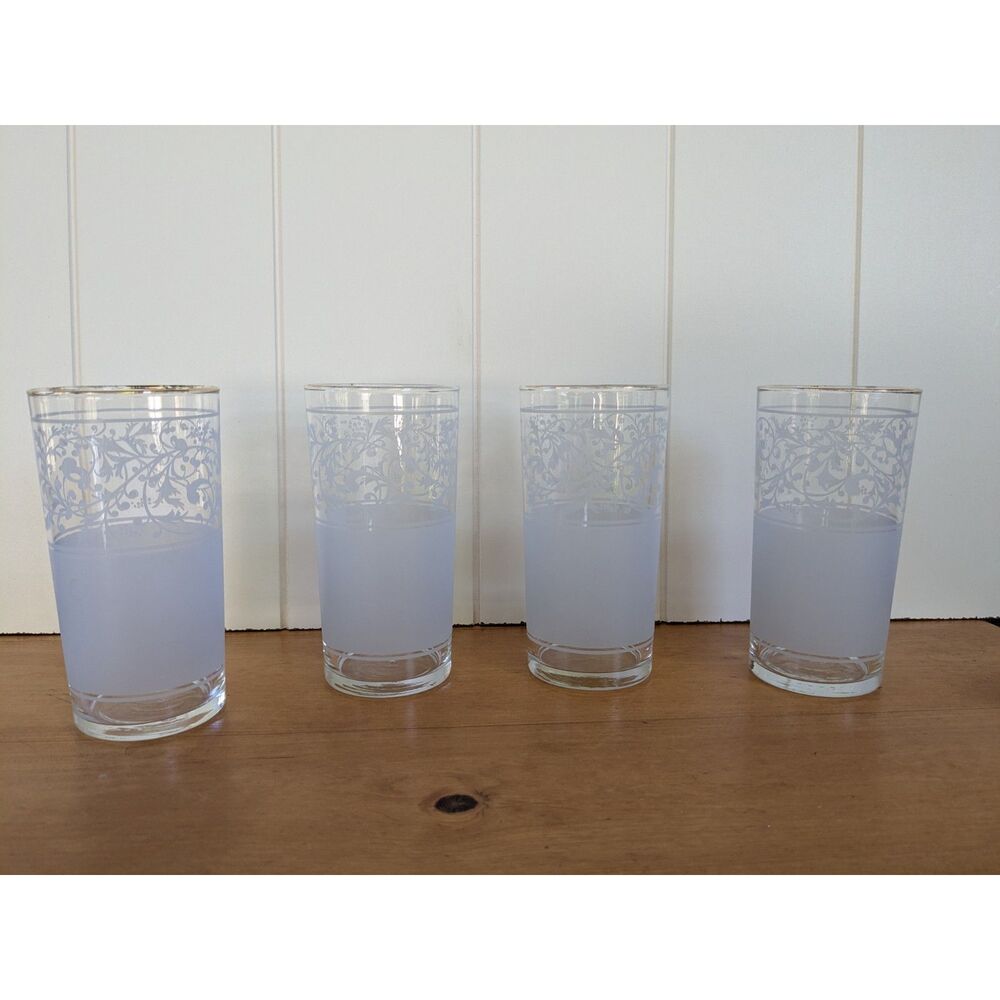 4 Libbey Frosted Drinking Glasses - Gold Rim - 5.5" - vintage